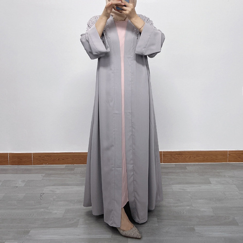 F949 Women's Long Dress Abaya, Middle Eastern Dubai, Pearl-embellished, Plus Size Open Cardigan Robe