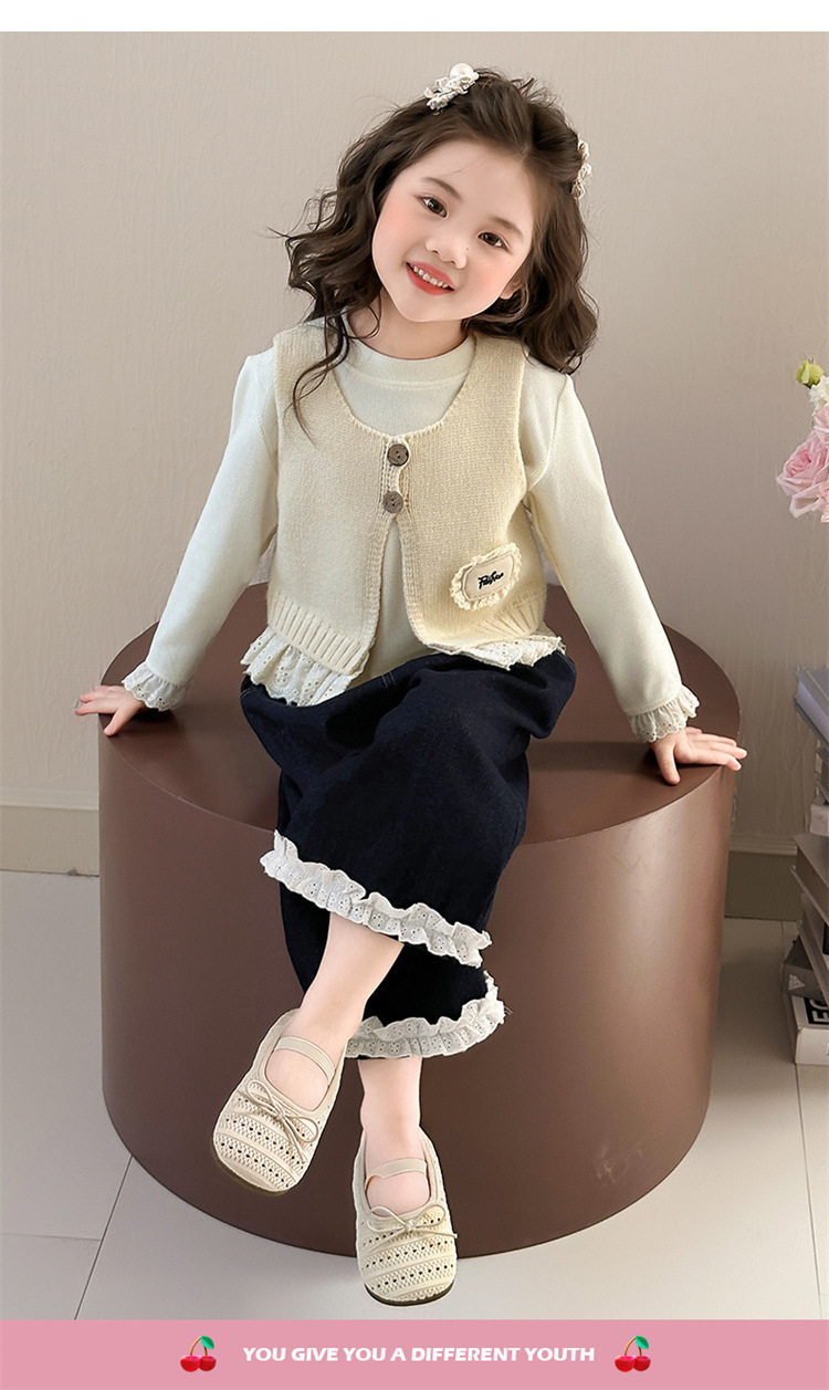 Dreiteiliges Strickwesten-Set für Mädchen, Herbst 2025, neue koreanische Kindermode, Strickweste und weite Hose_voghion.com