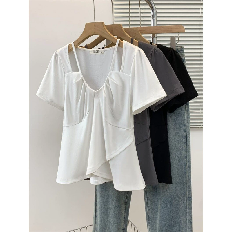 2025 Летний новый короткий рукав сплошной топ нерегулярные футболки для женской одежды
