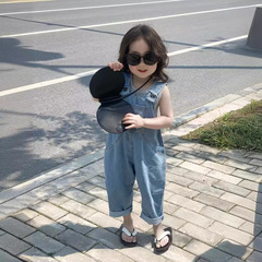 2024春夏新款女童牛仔背帶褲子連體吊帶褲搭配羅文背心兩件套裝潮