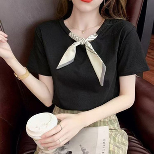 100% Pure Cotton Pattern Strap Tight-Fitting Short-Sleeved T-Shirt New Summer Women's French Chic Top Trendy