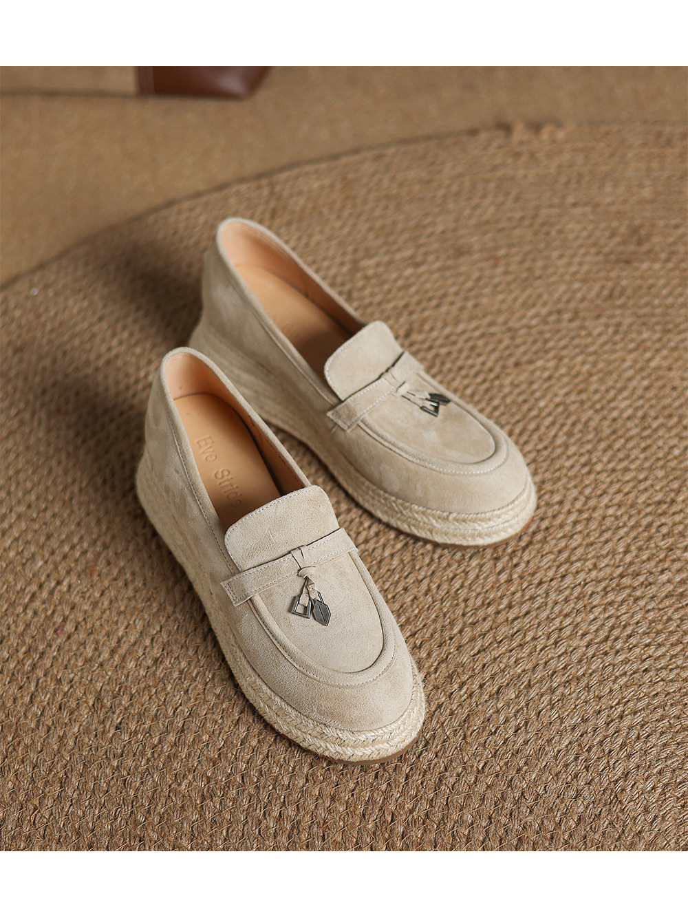 Giày lười nữ đế dệt cỏ mũi vuông phong cách vintage đế dày — màu nâu chi tiết 13