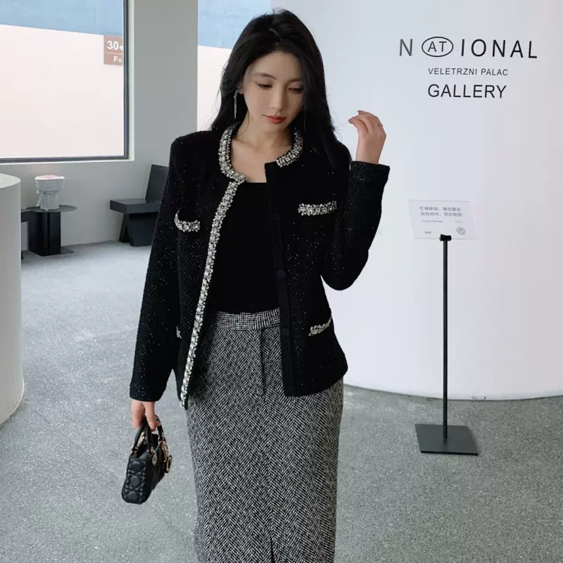 女新品秋冬小香风穿搭长袖圆领经典黑色钻饰亮片针织开衫毛衣外套