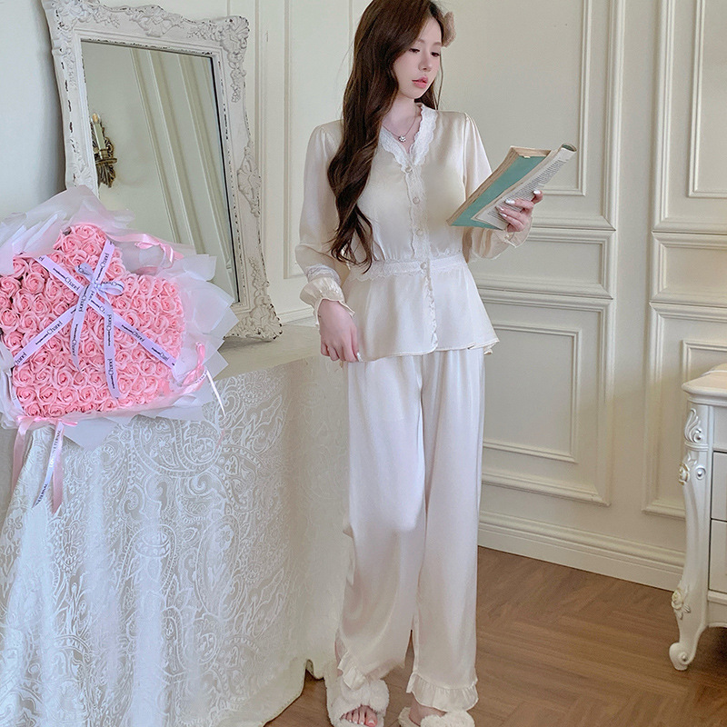 2026 New Model (Zhaojue) Long-Sleeved Long-Pants High-End Pajamas for Women with Lace Trim, V-Neck, and Chest Pads, Suitable for Outerwear