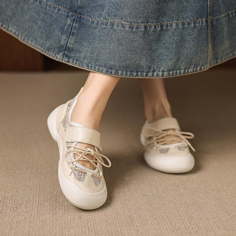 Giày sneaker nữ đế dày ren lưới phối màu cổ thấp — màu trắng ngà chi tiết 24