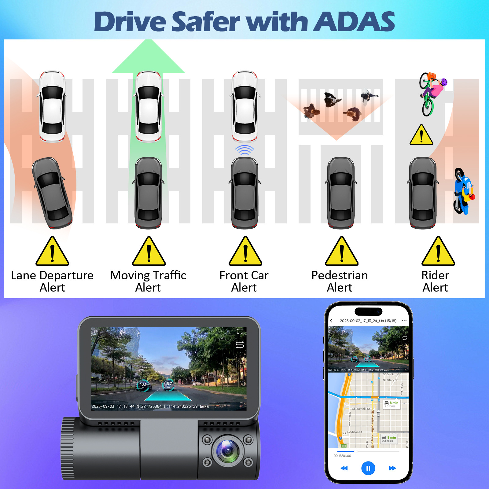 V66Dvr4K Three-Lens Dash Cam with Adas Smart Touchscreen 5.8g Driving Recorder