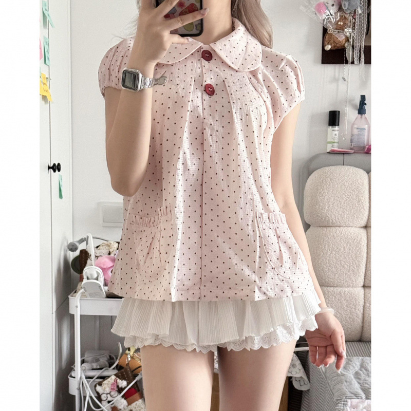 Korean-Style Sweet Girly Pink Polka Dot Doll Collar Short-Sleeved Shirt for Summer, Slimming, Cute, Fresh and Versatile Korean-Style Sweet Girly Pink Polka Dot Doll Collar Short-Sleeved Shirt for Summer, Slimming, Cute, Fresh and Versatile