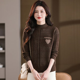 年轻款秋冬新款2025圆领长袖口袋爱心纯色宽松针织麻花套头衫女士，女装针织衫/毛衣，妃慕昵服饰