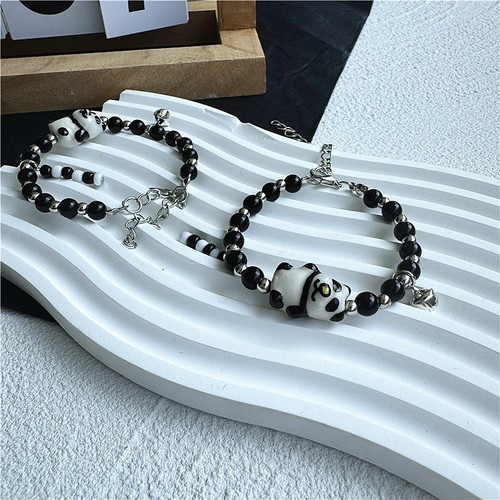 Artistic Contrast Panda Embroidery Necklace for Women - Black and White Design, Unique Hip-Hop Sweet and Cool Accessory Bracelet