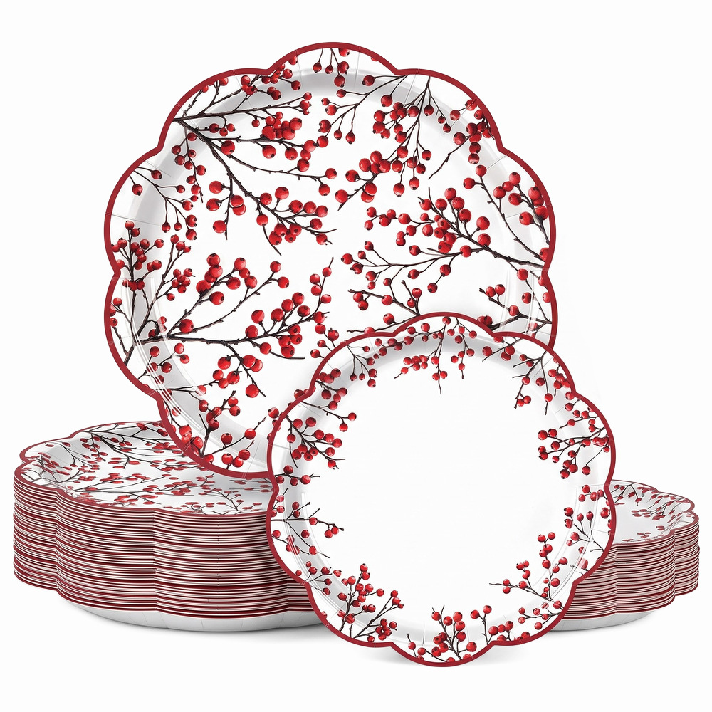 Red holly branch Christmas paper plates, scalloped red-edged, simple winter berry design, disposable large and small party plates