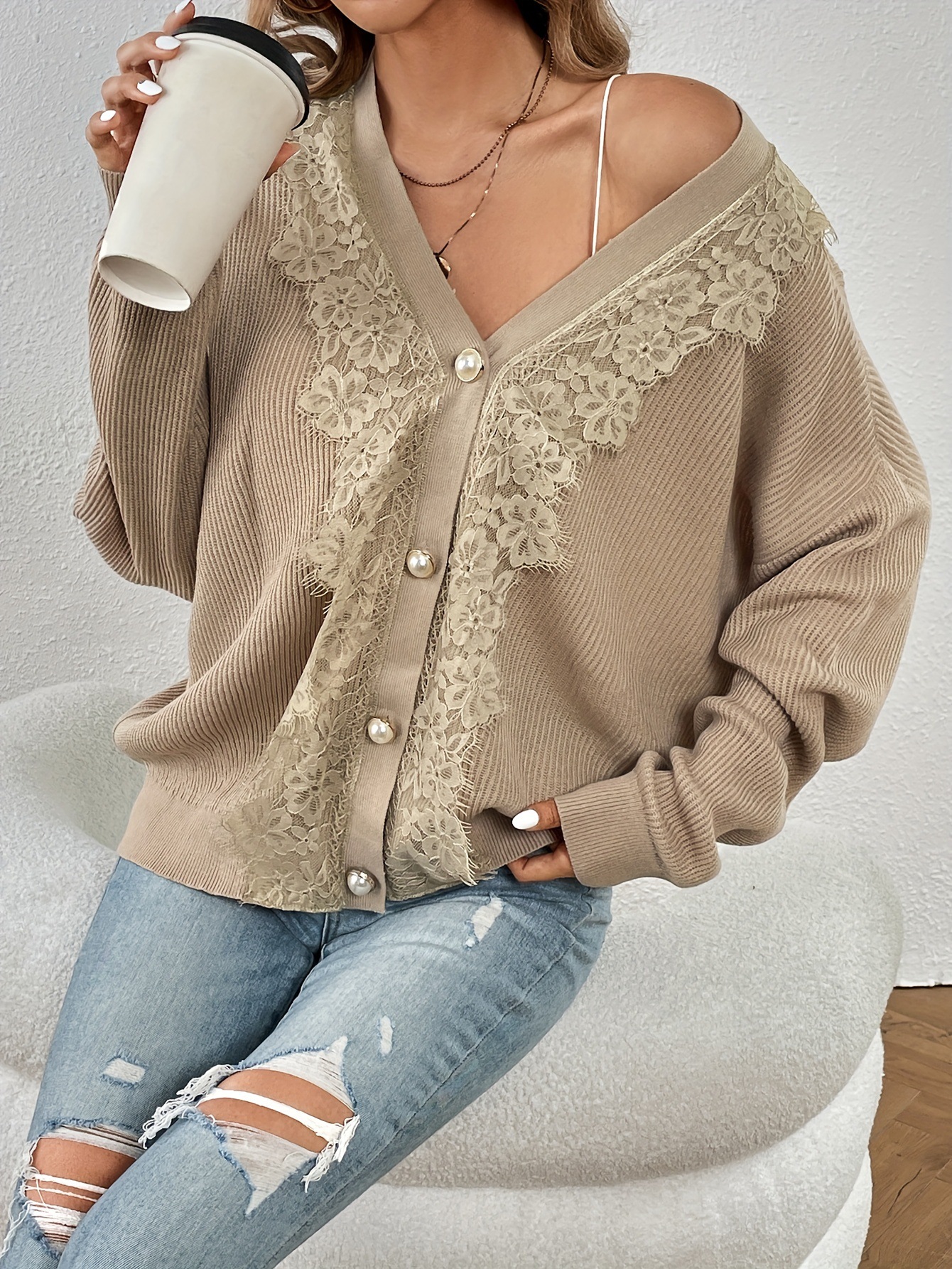 ​​Sexy Knit Cardigan Set – Chic Open-Front Acrylic Sweater With Lace Trim (Khaki, S/M/L)​​_voghion.com