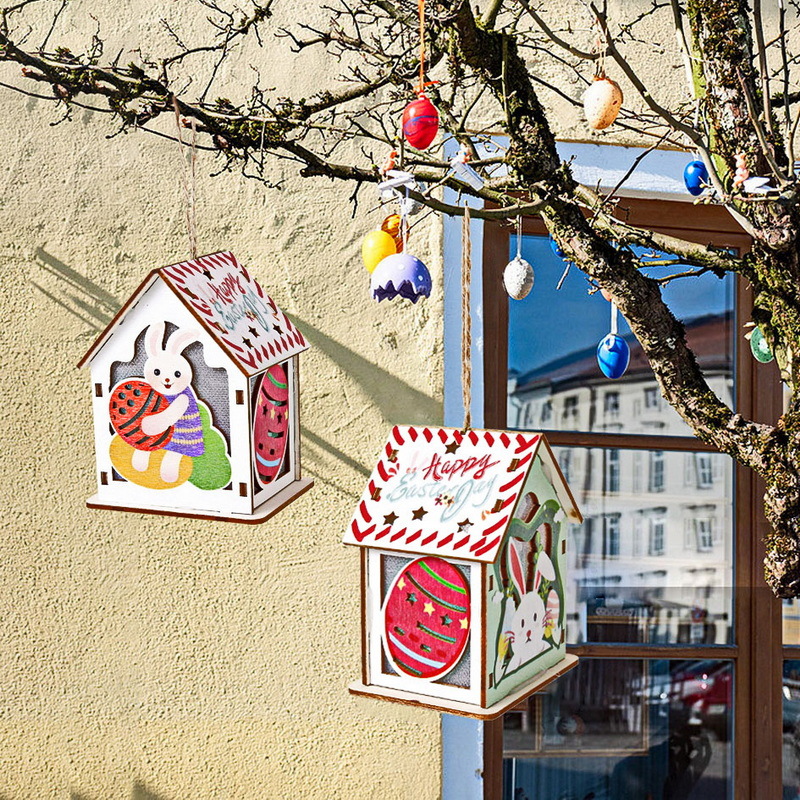 Cottage de Pascua transfronteriza creativa de dibujos animados huevos de conejo luminoso casa pequeña colgante artesanía de madera iluminación