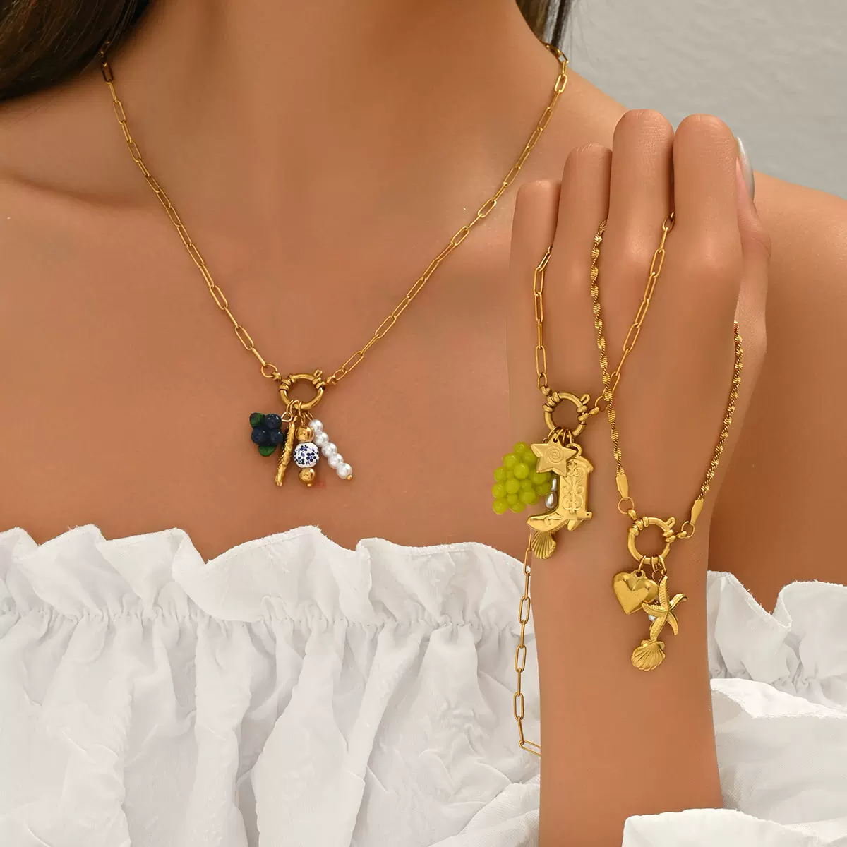 跨境欧美风饰品 几何贝壳镶嵌珍珠设计女士项链百搭长款锁骨链女