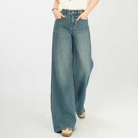 专柜同款春夏装复古阔腿牛仔裤女2025新款显瘦窄版拖地裤直筒长裤