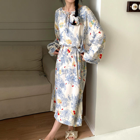 Long-sleeved nightdress for women spring/autumn summer women's cotton silk bohemian style pajamas cotton silk beach dress home wear thin plus size