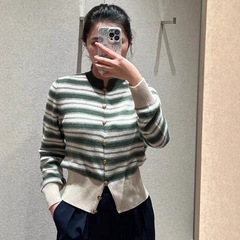 2025新品细条纹圆领针织衫单排扣百搭显瘦秋冬上衣女女