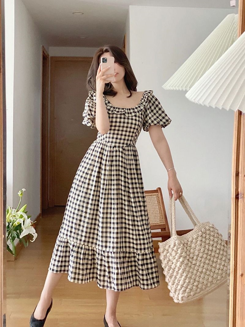 Váy chữ A kẻ sọc midi tay ngắn thắt eo 2026 — Kiểm tra màu xanh chi tiết 7