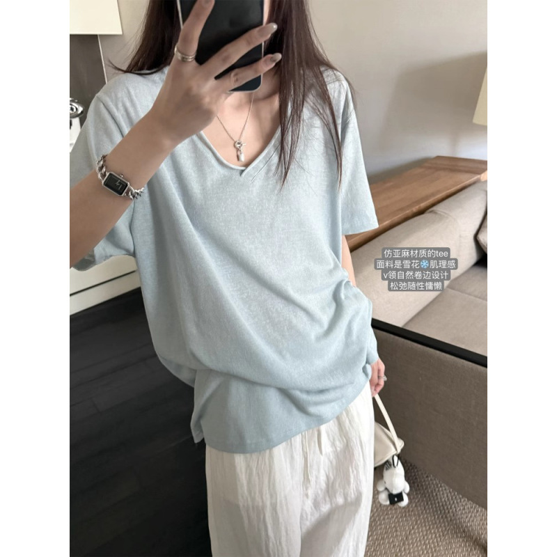 3500 # Superniniyy & Relaxed Snowflake Texture Curled V Neck Short-Sleeved Loose Lazy T-Shirt Top