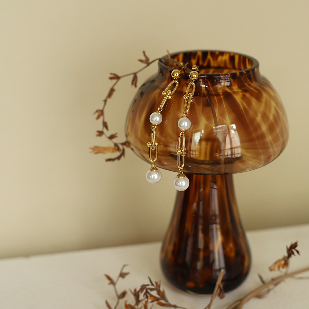 Stainless Steel Horseshoe Buckle Pearl Long Chain Earrings