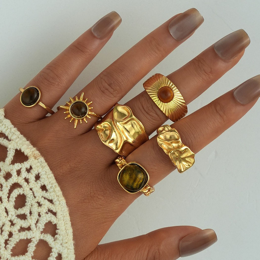 Cross-Border Hot-Selling Inlaid Color-Preserving Sunflower Open Ring Set Six-Piece Set Women's Fashion Versatile Trendy Hand Jewelry