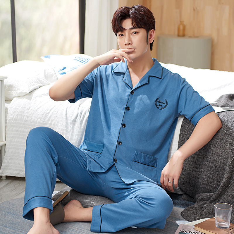 Pijamas pantalones de manga corta para hombres algodón verano delgado cardigan solapa ropa para el hogar más traje de tamaño