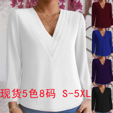 2025秋冬欧美跨境亚马逊速卖通货源优雅纯色多层V领女士长袖上衣