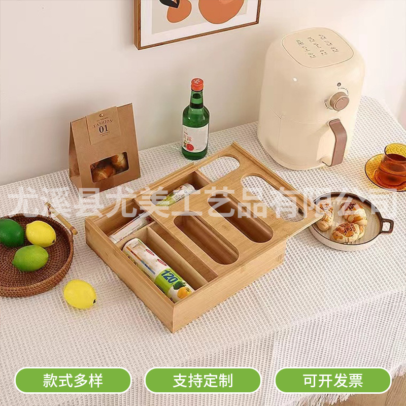 Creativa caja de envoltura de plástico de bambú y madera caja de almacenamiento de bolsa ziplock caja de papel de aluminio cortador caja de bambú integral al por mayor