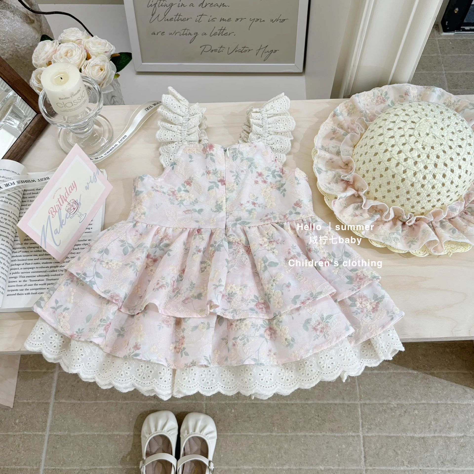 [Xianning Seven] Flores de cerezo originales ~ Vestido de encaje floral suave con mangas pequeñas y dulces de verano para niñas