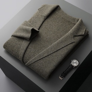 Autumn and Winter New 100% Pure Wool Sweater Men's V Neck Cardigan Pure Color Knitted Bottoming Wool Sweater Thickeneded Jacket Trendy