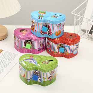 Cartoon shaped tinplate pipe children with lock piggy bank Large Capacity Change storage metal cans tea cans wholesale