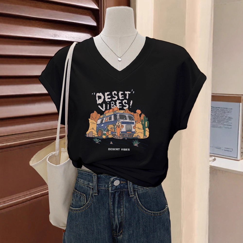 黑色正肩t恤女士夏季2025新款爆款短袖宽松蝙蝠小飞袖V领上衣