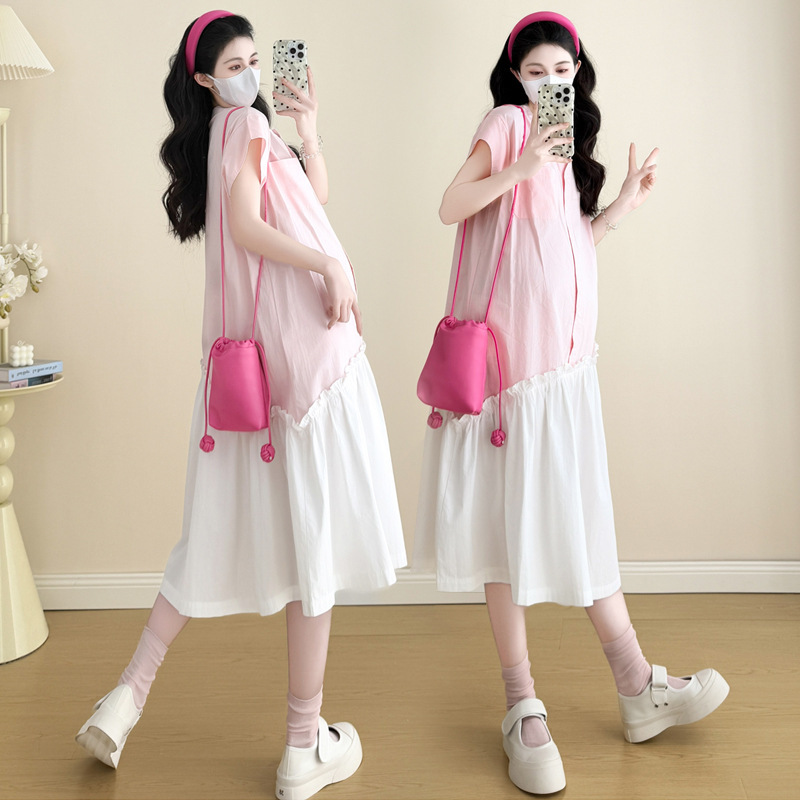 Real Shot of Fashionable Outing~2025 Maternity Wear Summer Design Stitching Contrasting Color Fashionable Short-Sleeved Long Dress