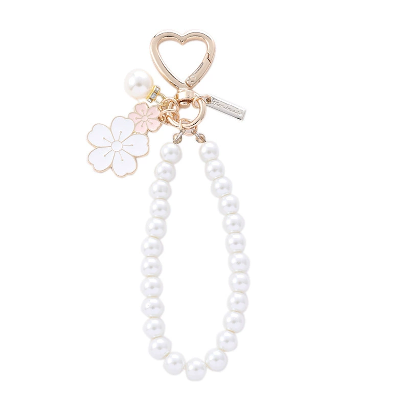 Two-Color Metal Keychain with Pearl Beads, Flower Pendant & Heart Clasp, Bag Charm