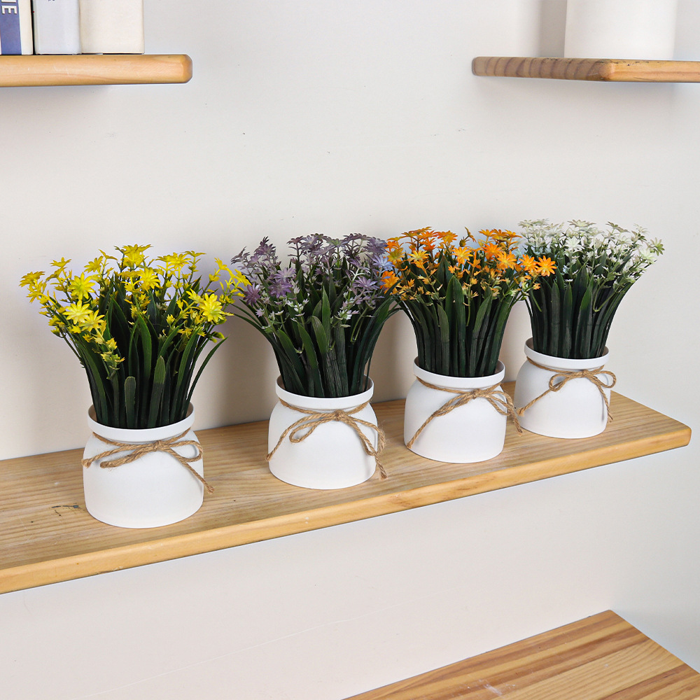 Nuevo escritorio de maceta de simulación transfronteriza adornos decorativos de plantas verdes, hierba de primavera, crisantemo, cuerda de cáñamo, planta de simulación de bonsái de plástico