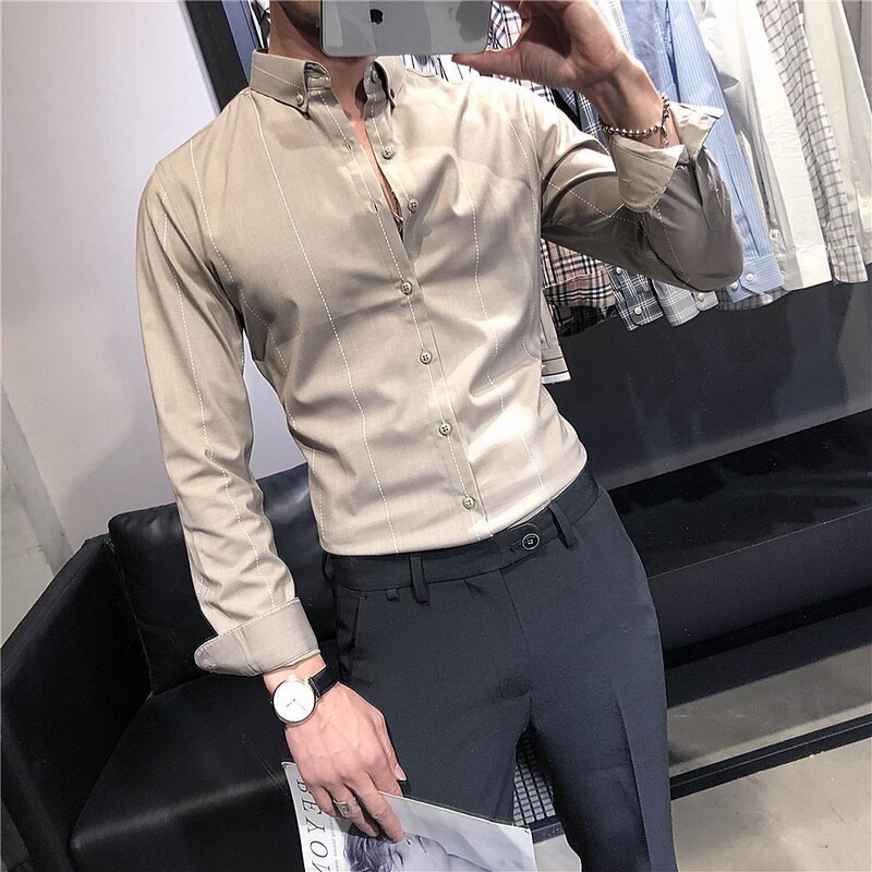 Men's Long-Sleeve Slim-Fit Korean-Style Trendy Stylish Shirt, Business Formal Wear, Casual Vertical Striped New Style Shirt