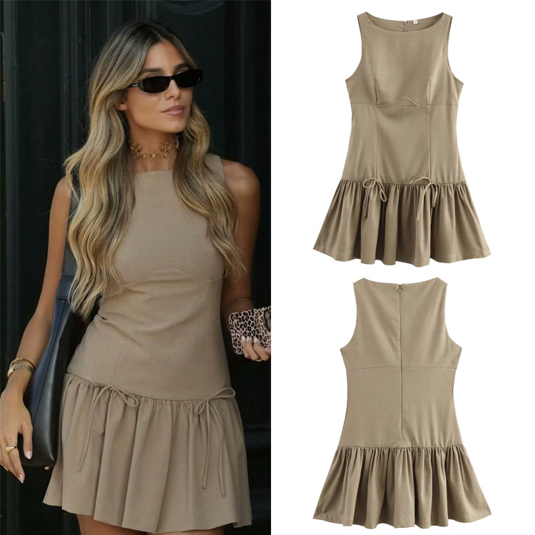 跨境亚马逊INS春季新款女装欧美风五色蝴蝶结饰无袖短款连衣裙