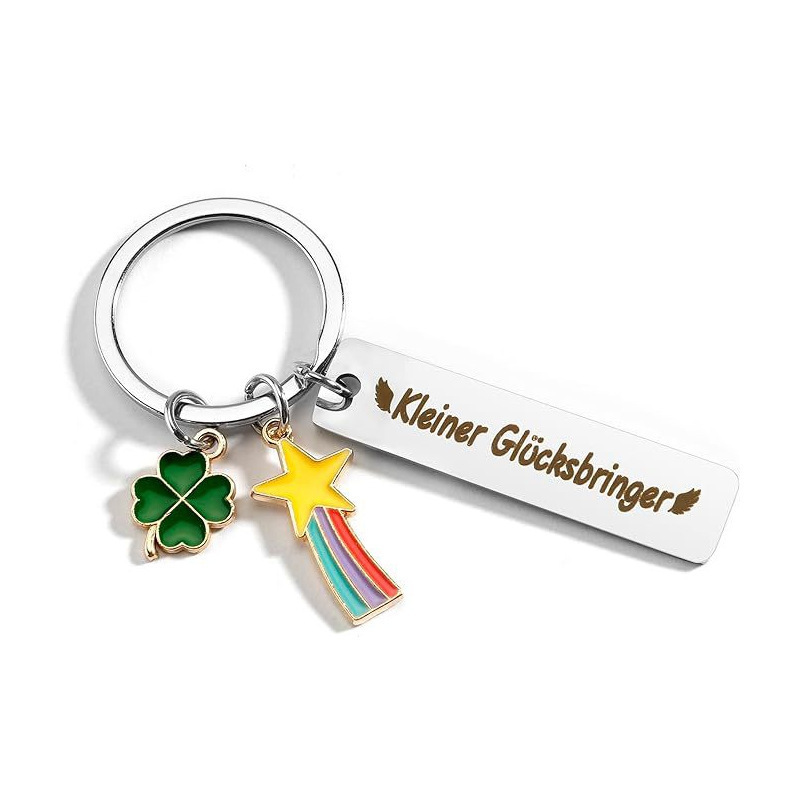国境を越えた虹四葉草幸運符ドイツ語kleinergluchsbringerステンレス彫刻キーホルダー|undefined