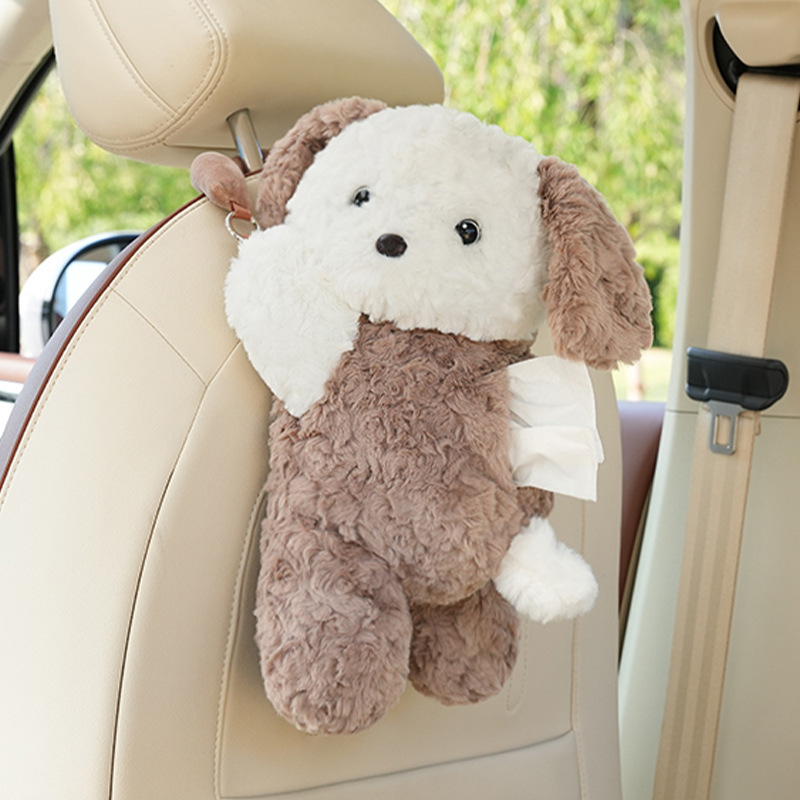Automóvil encantador gato perro caja de toallas de dibujos animados muñeca coche colgante caja de extracción muñeca de peluche bolsa de toallas de papel
