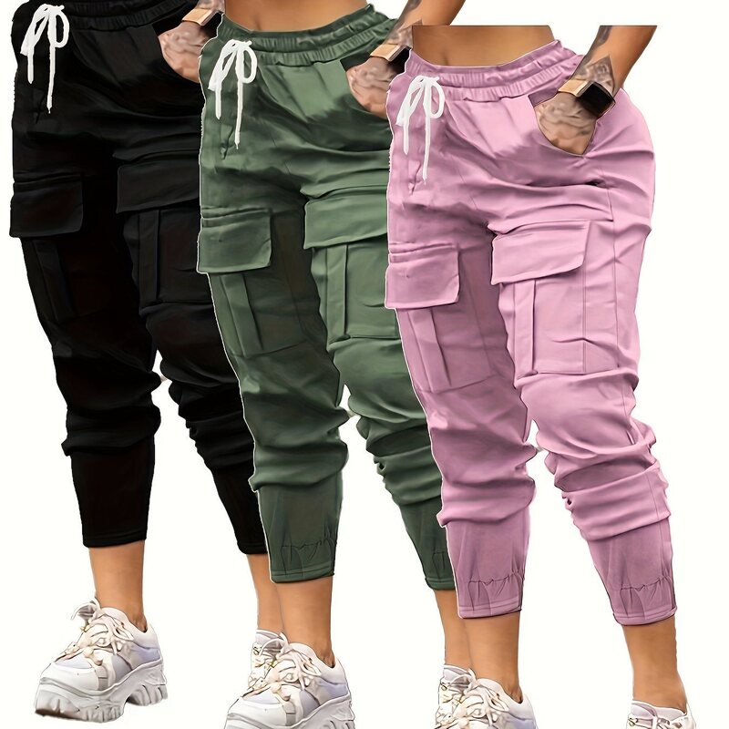 3 パックの女性のカジュアル スポーツ パンツ アウトドア ランニング ポケット パンツ 巾着|undefined