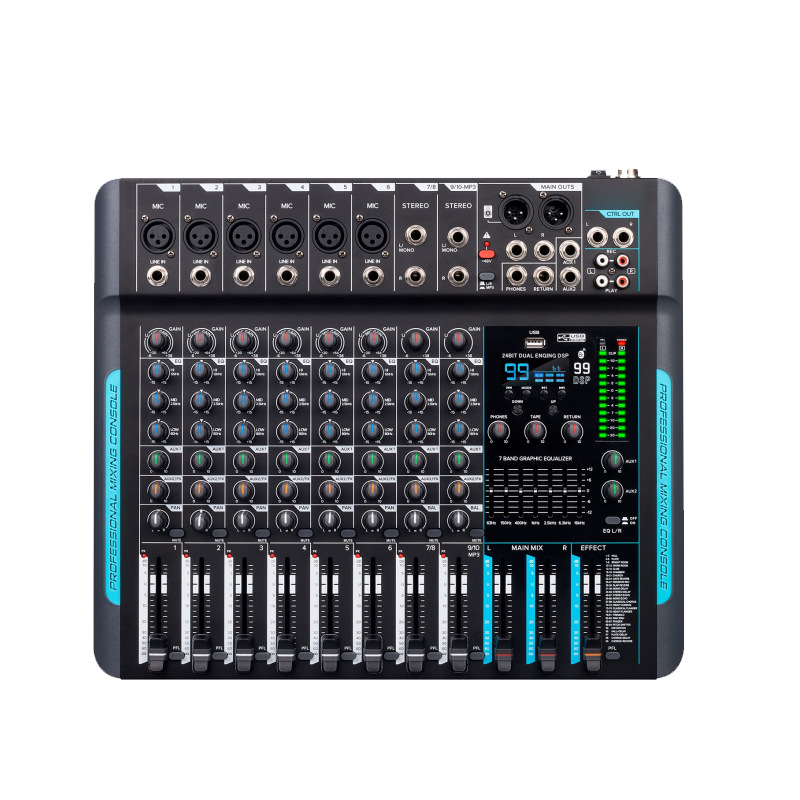 국경 간 전문 DSP 리버브 믹서 7 세그먼트 균형 DJ 믹서 무대 공연 결혼식 컨퍼런스