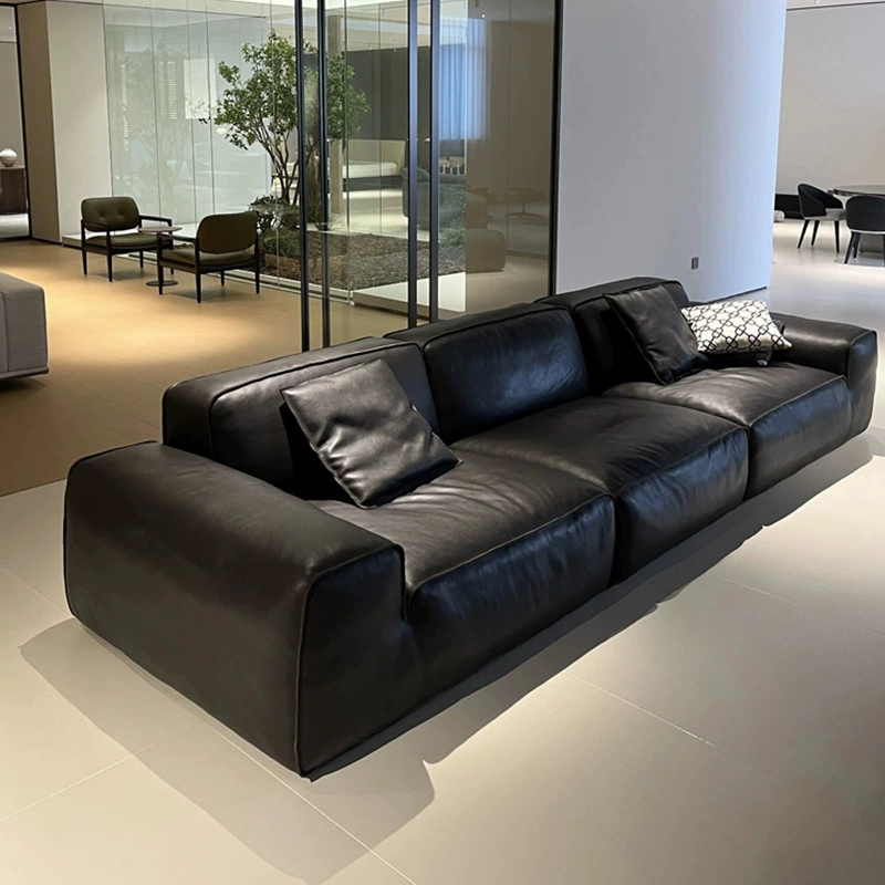 Летняя коллекция: Черный диван из натуральной кожи, высококачественная итальянская кожа, минимализм, элитная вилла, черный, легкий люкс.