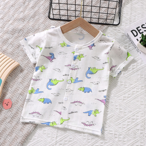Children's Summer Short Sleeve Open Front Top for Boys and Girls, Thin T-shirt for Infants and Toddlers, Air-conditioned Room Single Sleepwear for 1-5 Years Old