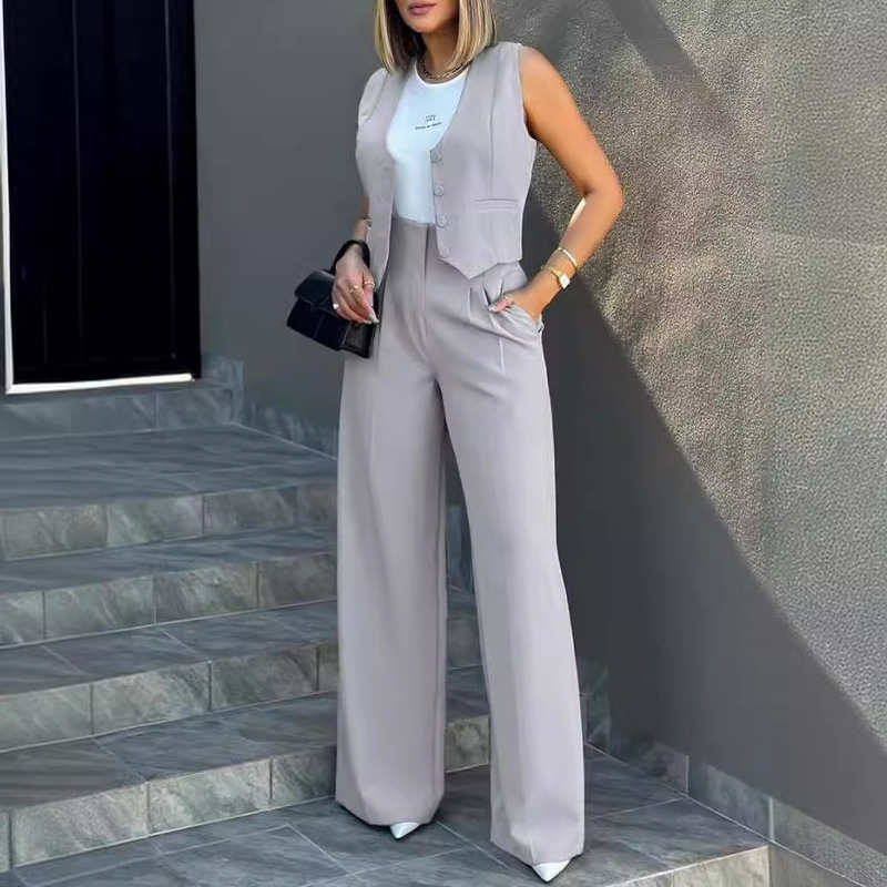 2026 European and American Cross-Border Foreign Trade New Fashion Suit Vest, Vest, Wide-Leg Pants Casual Suit