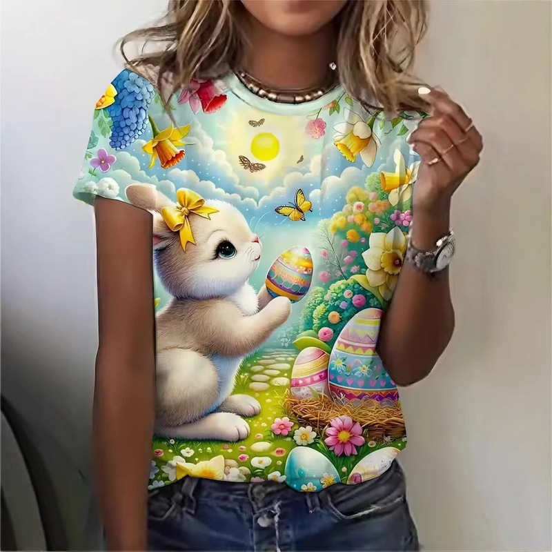 2025 3D Full Print Colorful Easter Bunny and Flower Egg Women's T-Shirt Casual Short Sleeve Round Neck T-Shirt Top