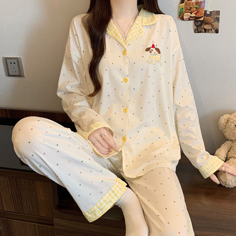 和風のシンプルな格子柄、インスタ映えするおしゃれなレディースパジャマ、春秋用長袖長ズボンツーピースセット、卸売|undefined