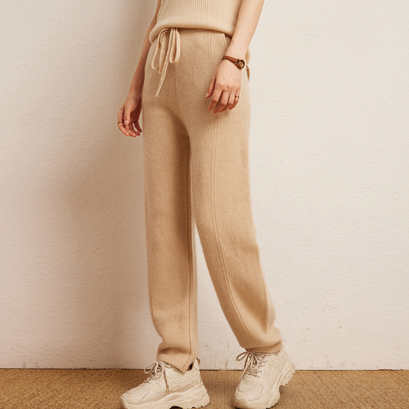 큰 무게 두꺼운 캐시미어 바지 여성용 외부 착용 바나나 바지 니트 따뜻한 할란 바지 스타일리시 한 탄성 허리