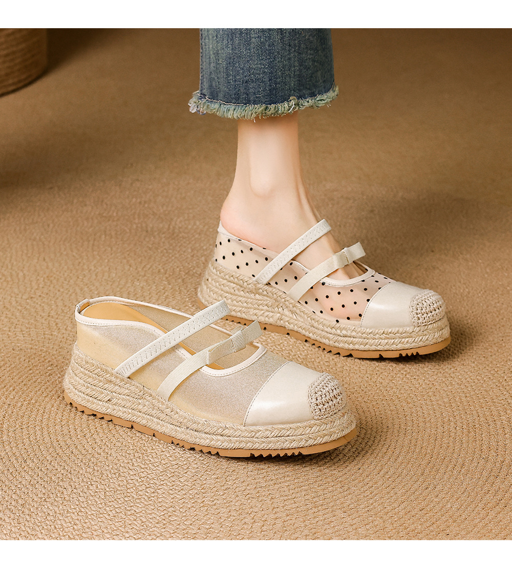 Mule nữ mũi nhọn bít đế xuồng cao gót 5 cm phong cách boho — màu trắng ngà, Chấm bi trắng kem chi tiết 7