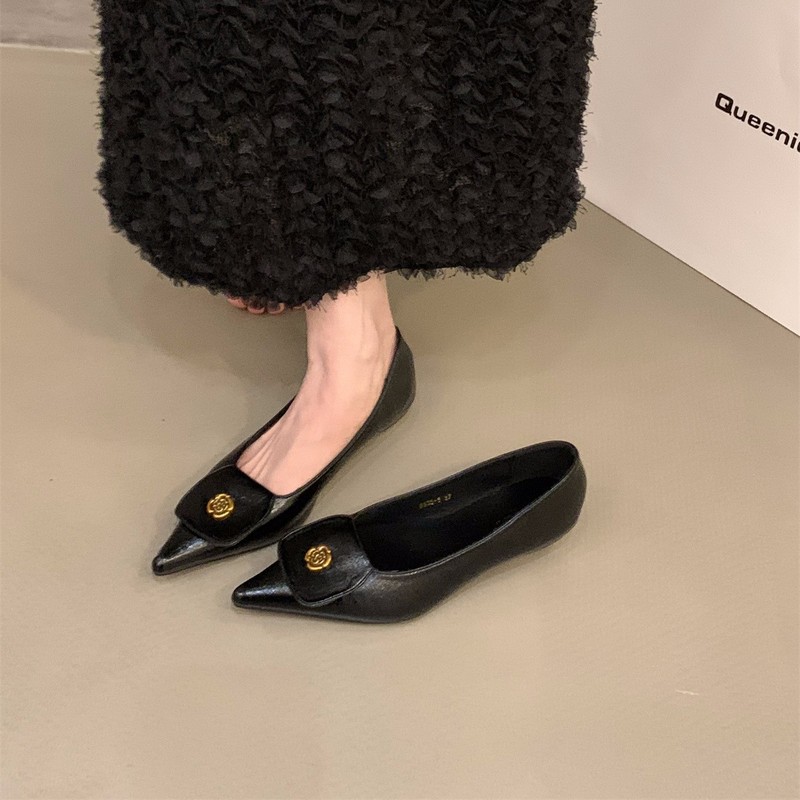 太いヒールとポインテッドトゥのフレンチスタイルの女性用シングルシューズ2025春新作気質浅い口黒通勤シューズ|undefined