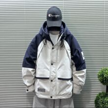 冬季韩版男连帽羽绒服百搭潮流日系工装设计感拼接撞色保暖羽绒衣