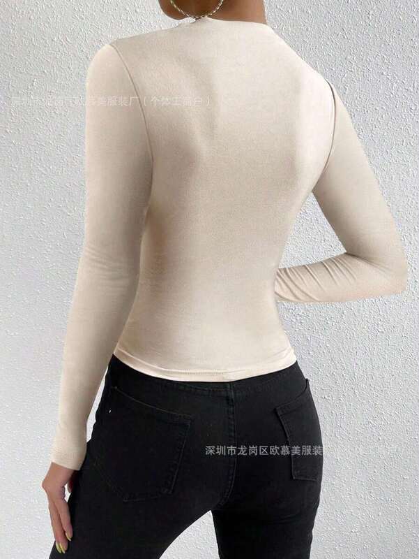 跨境2025欧美亚马逊纯色修身打底衫百搭女式纯色长袖褶饰时尚T恤|undefined